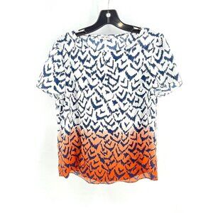 DKNY Women's Blouse Top Ombre Navy Orange Career Work Short Sleeve Size Small